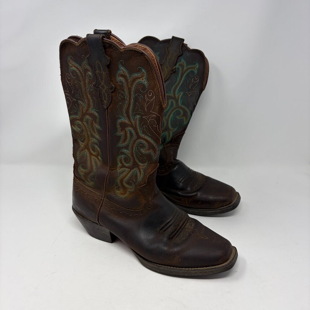 Justin women's Stampede Durant western boots leather brown 8 embroidery green